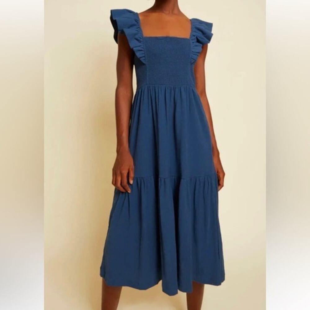 NATION LTD Womens Dress Small Gwen Midi Ruffle in Blue Terry Smocked Pima Cotton